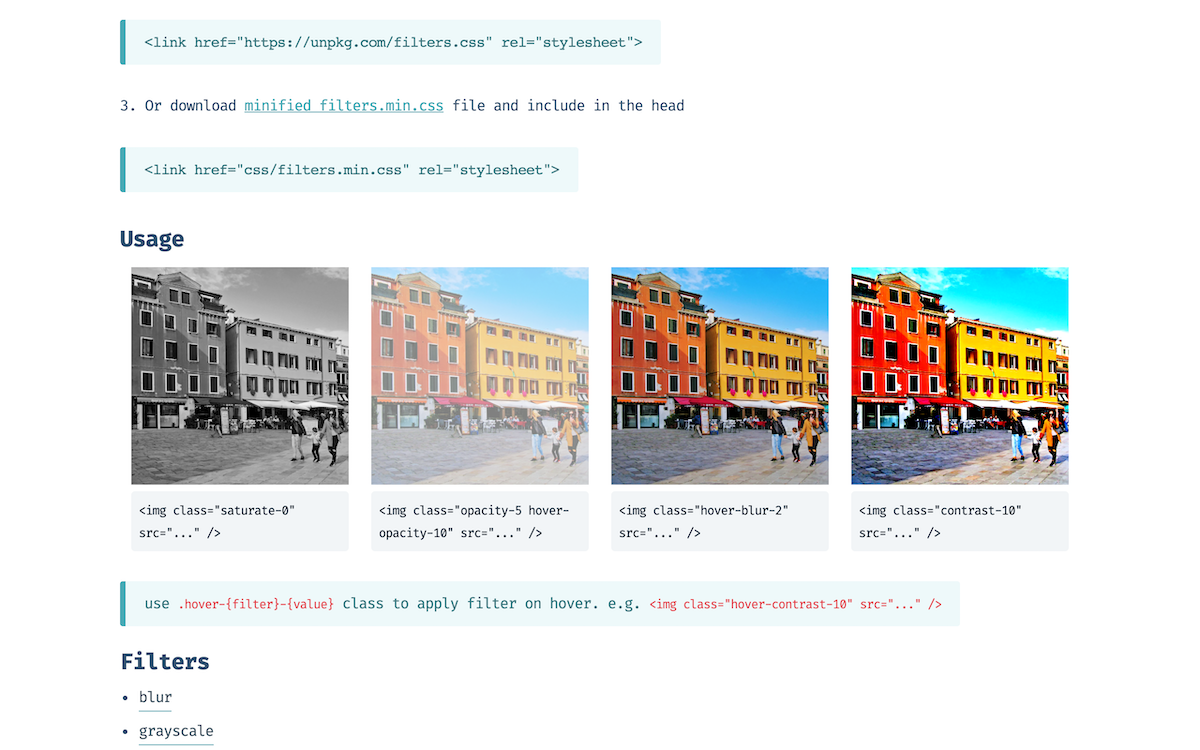 filters.css CSS only library to apply color filters.